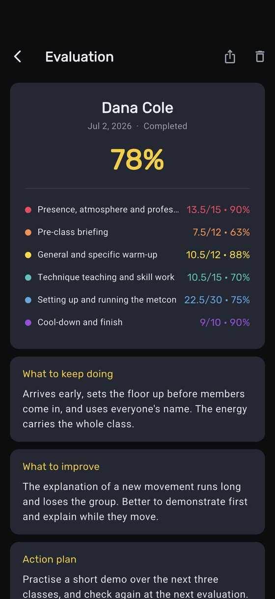 A completed coach evaluation: 78% overall, a score for each category, and notes on what to keep doing and what to improve