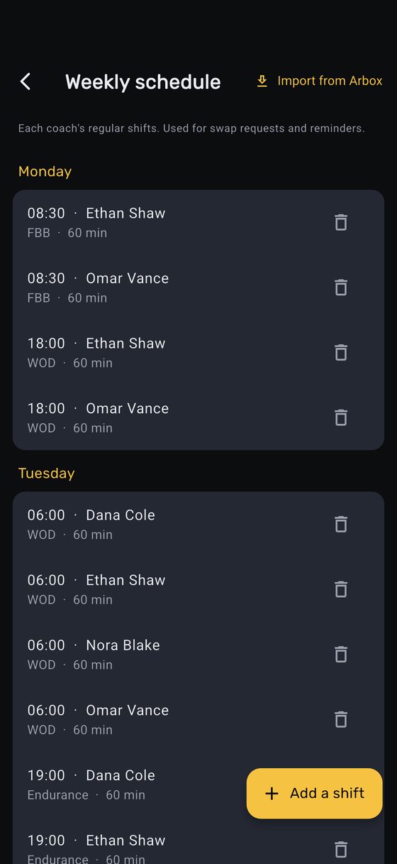 The weekly schedule after an import from Arbox