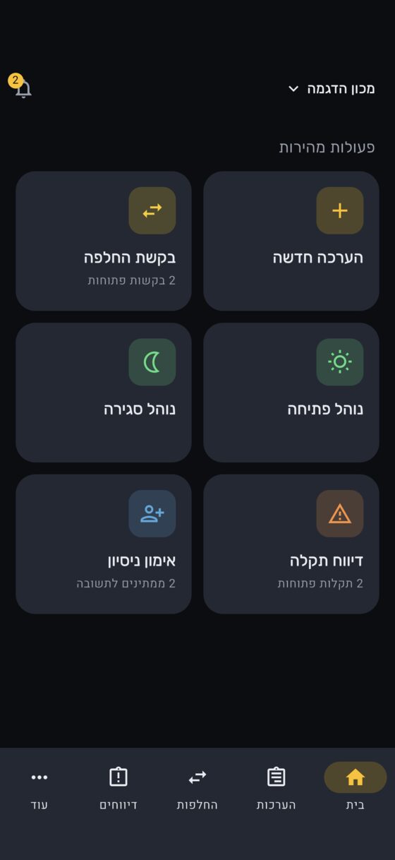 מסך הבית של המנהל: הערכה חדשה, בקשת החלפה, נוהל פתיחה, נוהל סגירה, דיווח תקלה ואימון ניסיון
