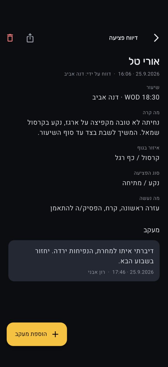 דוח פציעה: נקע בקרסול בשיעור WOD, מה נעשה, ומעקב של המנהל למחרת